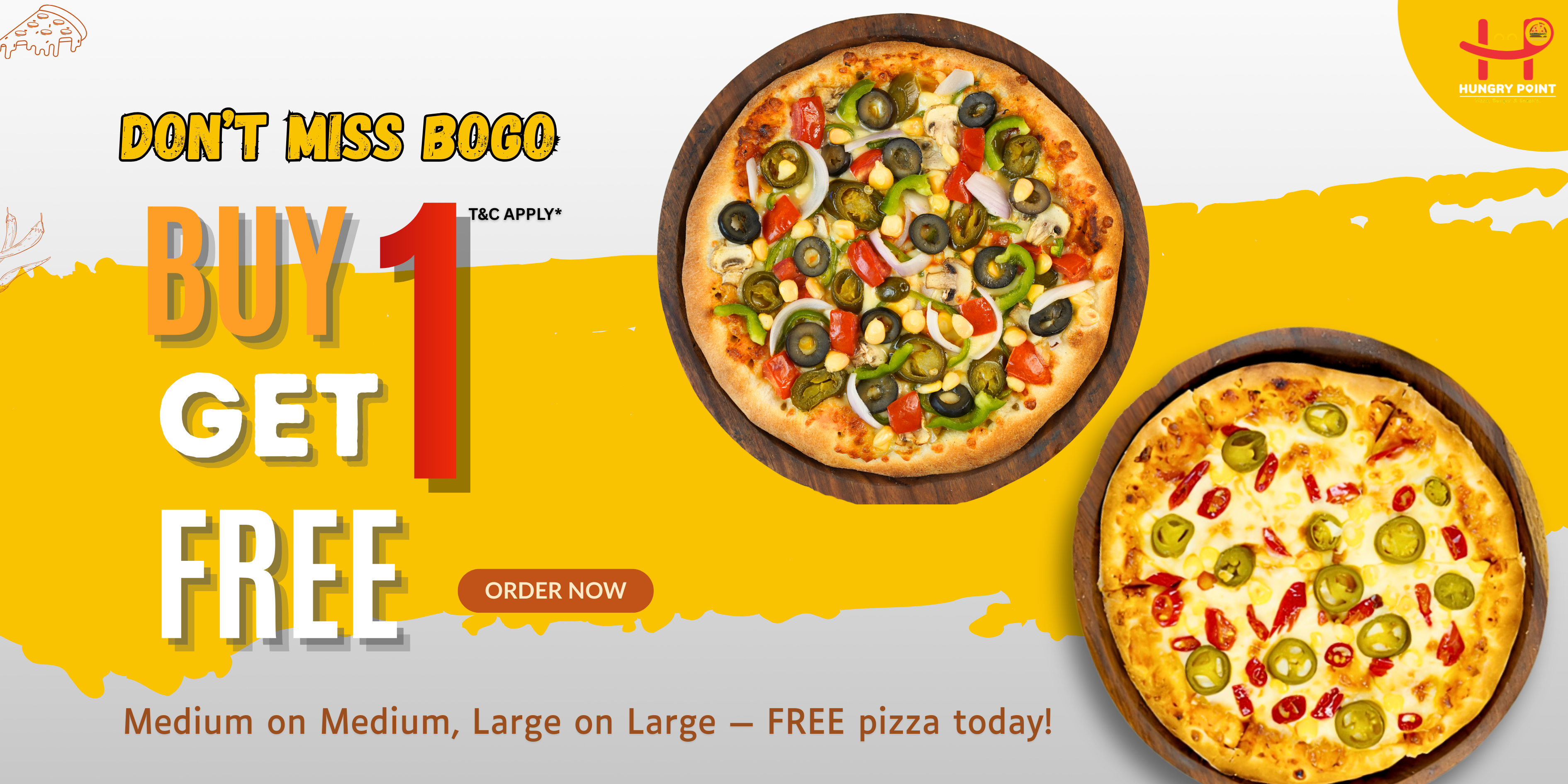Hungry Point's fresh, cheesy pizzas available in the Wednesday Buy 1 Get 1 Free deal
